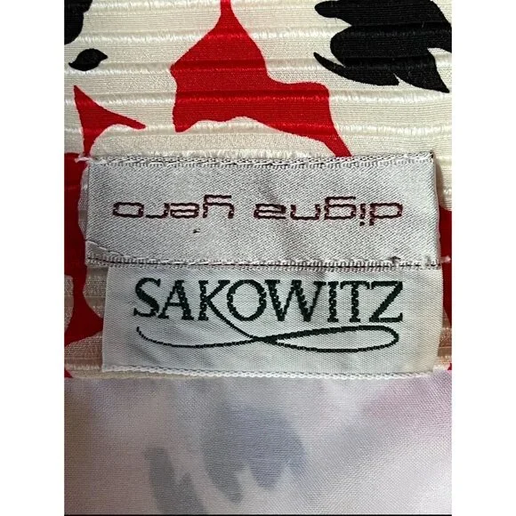 Digna Yero Sakowitz Womens Dress Size 10 Red Blk Wht Puff Sleeves & Draped Yoke - Picture 2 of 16